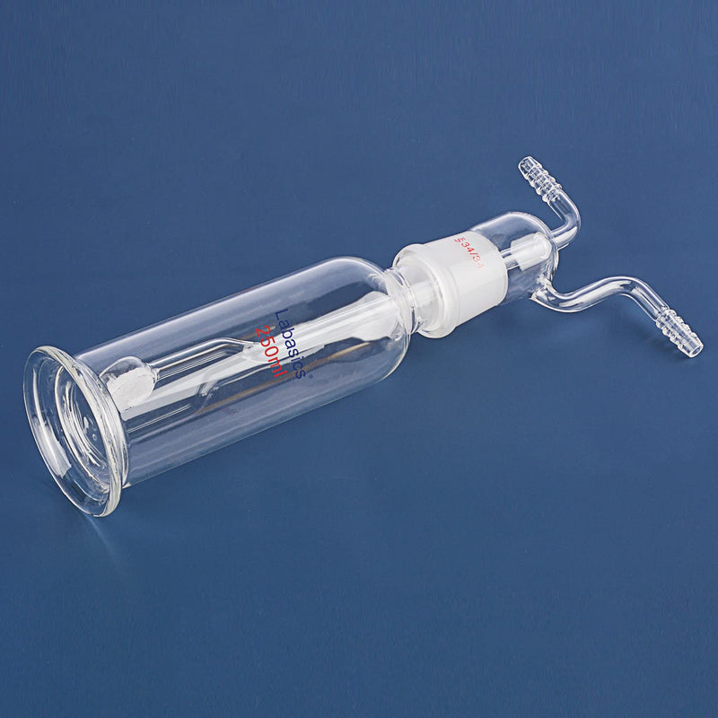 Labasics Gas Washing Bottle, Borosilicate Glass 34/34 Stopper Gas Bubbler Gas Washing Bottle with Fritted Disc and 10 mm OD Inlet/Outlet Hoses, 250 ml 8.5 Ounces