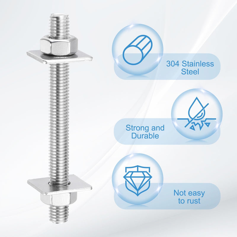 MECCANIXITY 1Set M10x500mm Fully Threaded Rod, 201 Stainless Steel Threaded Rods Bar Studs Right Hand Threads with Nut Square Washer for Structural Anchoring Fastening Screw 1