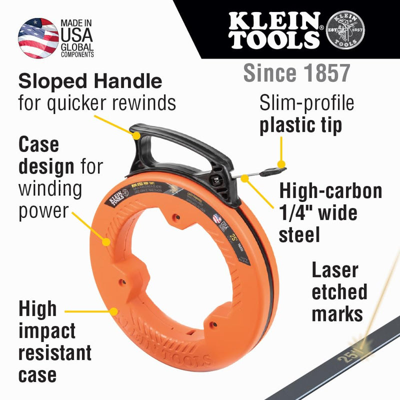 Klein Tools 56335 Flat Steel Electrical Fish Tape, 25-Foot 1/4-Inch Wide Spring Steel Tape, Slim Plastic Tip, Laser Etched 1-Foot Markings 7.6 m