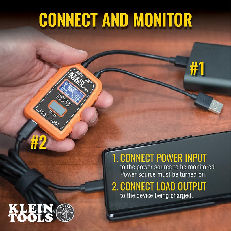 Klein Tools ET920 USB Power Meter, USB-A and USB-C Digital Meter for Voltage, Current, Capacity, Energy and Resistance Electric Circuit Testing Device