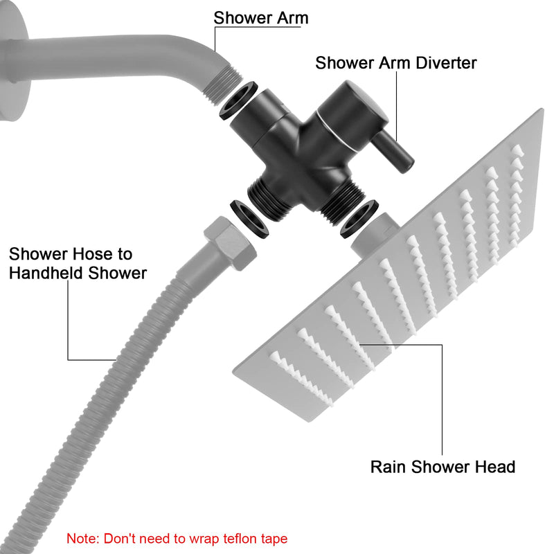 NearMoon Solid Brass G1/2" Shower Arm All Metal Universal 3-Way Diverter Valve for Handheld and Fixed Head, Replacement Component Adapter (Matte Black) Matte Black