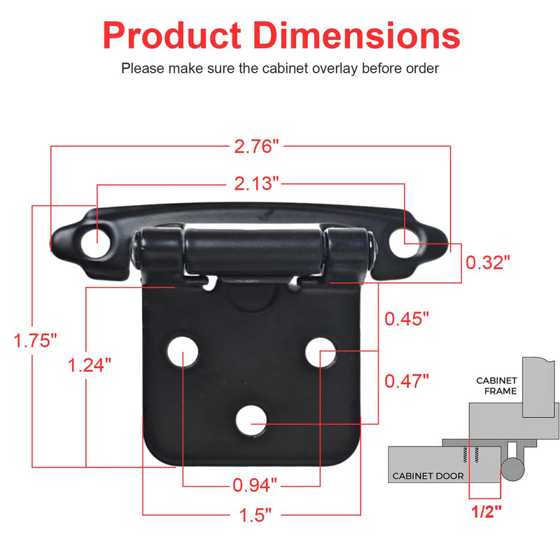 Naner 50 Pack 25 Pairs 1/2" Overlay Cabinet Door Hinges Kitchen, Semi-Concealed Hinges Face Mount Self-Closing Kitchen Cabinet Hinges with Bumpers Functional Hardware for Kitchen & Cupboard Doors