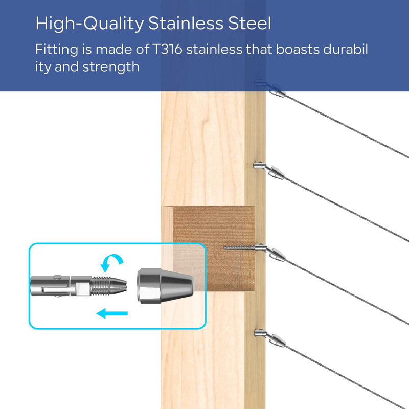 10 Pairs Cable Railing Kit QuickLock,Multi-Angle 180° Adjustable Right&Left Handed Thread Swageless Lag Screws for Wood Post of 1/8" T316 Steel Cable Railing System, Easy Installation,HF015SA