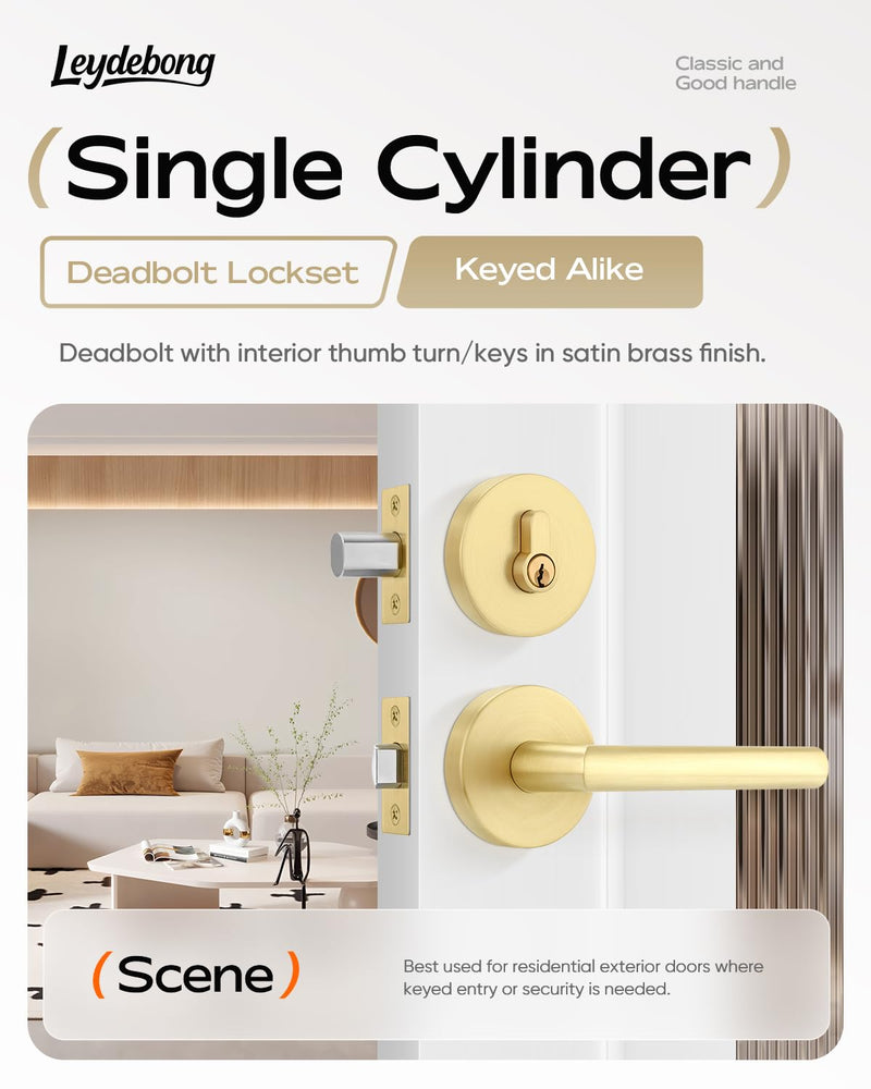 Leydebong 1 Pack Gold Front Door Locksets with Deadbolt, Satin Brass Door Handles, Combination Door Lock, Keyed Alike Exterior Door Lever Satin Brass - Keyed Alike Deadbolt Lock Set