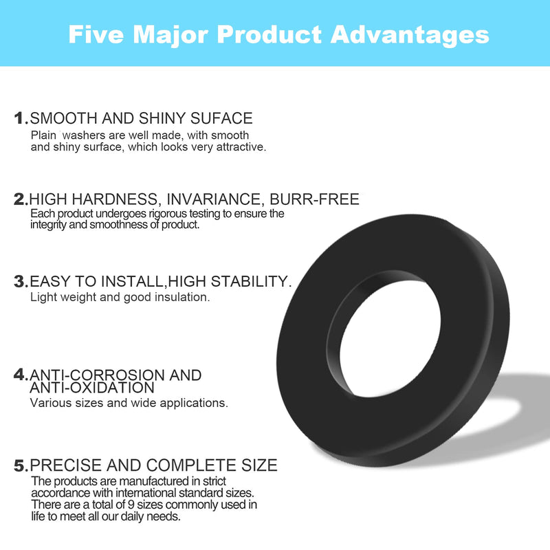 1200 Pcs Nylon Flat Washers for Screws Bolts, Black Plastic Washers, Premium Fender Washers Assortment Set, Assorted Washers Kit (9Sizes-M2 M2.5 M3 M4 M5 M6 M8 M10 M12) for Household & Commercial YLYL 1200 Pcs Nylon Flat Washers
