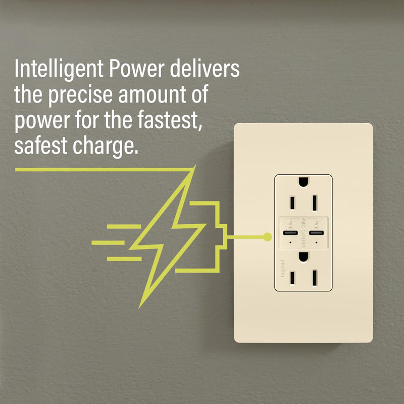 Legrand radiant R26USBPDLA 15 Amp Tamper-Resistant Decorator Duplex Receptacle Outlet with Ultra Fast USB C/C 6.0A Charging Ports PLUS 30W Power Delivery, Light Almond (1 Count)