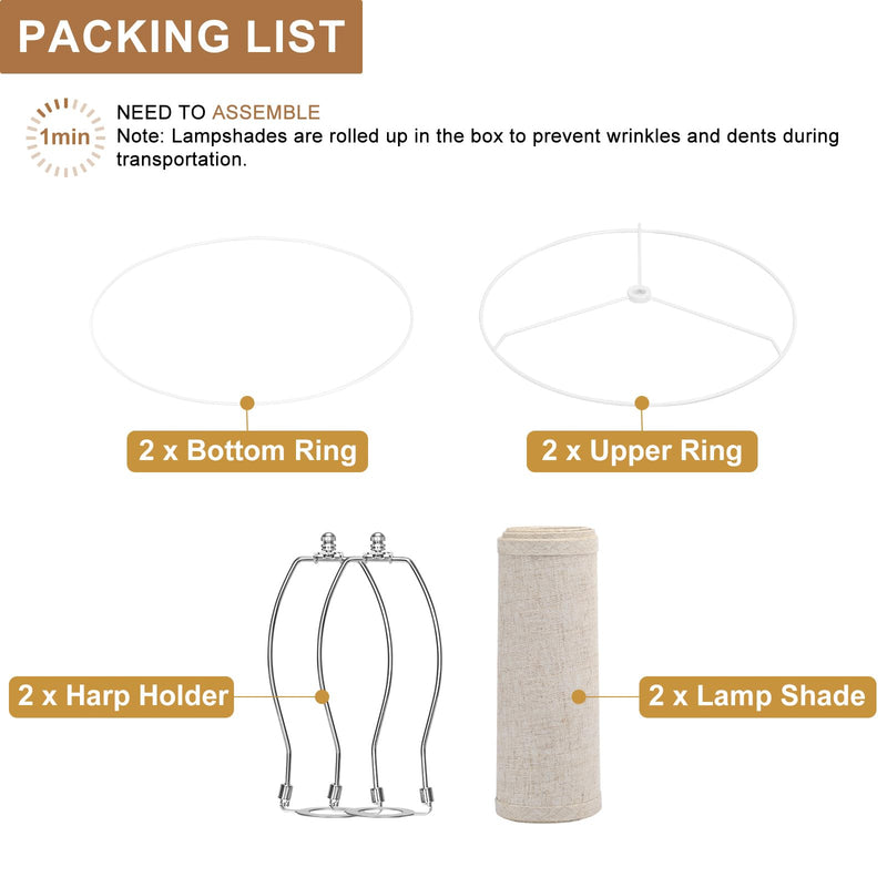 Lampshades Set of 2, Drum Lampshades 11.6" Top x 12.6" Bottom x 9.8" High, Seaside village Medium Lampshades (Spider Fitter), Beige Lampshades Natural Linen Hand Crafted, Easy Assembly Required
