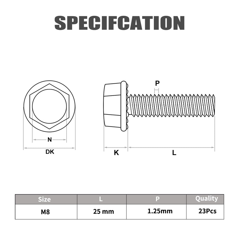 M8-1.25 x 25mm Flanged Hex Head Bolts,External Flange Hex Drive Screws,Class 10.9 Black Zinc Plated,Alloy Steel,Full Coarse Thread,Pump,Fix Car,DIY Project(23Pcs) M8x25mm