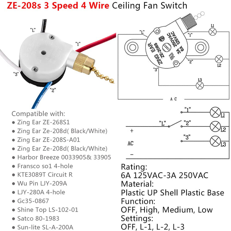 with 4 Pre-Installed Wires Ceiling Fan Switch 3 Speed 4 Wire, ZE-208s Zing Ear E89885 Fan Pull Chain Switch, Brass Chain