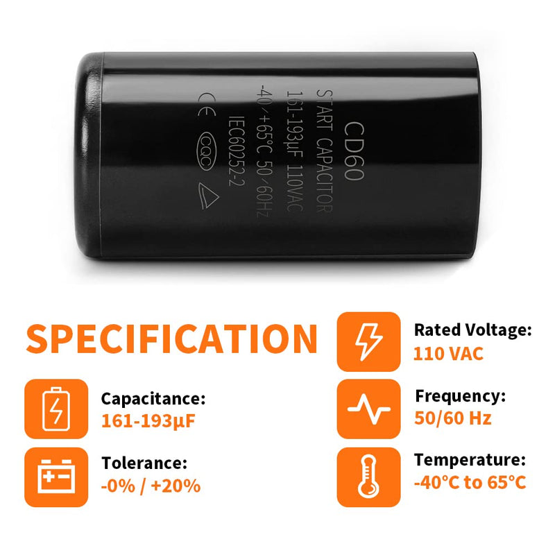 161-193 uf/MFD 110-125 VAC Round Start Capacitor ±20% 50/60 Hz CD60 Round Motor Well Pump Start Capacitor (161-193 uf/MFD) 161-193 uf/MFD