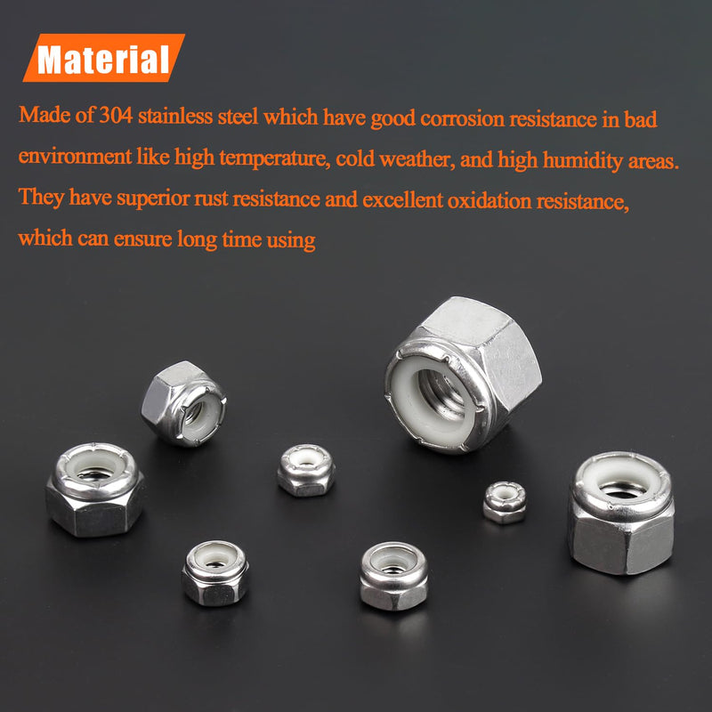#4-40#6-32#8-32#10-24 1/4"-20 Lock Nuts, HELIFOUNER 126 Pieces 5 Sizes Nylon Insert Hex Lock Nuts Assortment Kit, 304 Stainless Steel (18-8) Locknuts, Coarse Thread #4-40 to 1/4"-20 Lock Nuts Kit