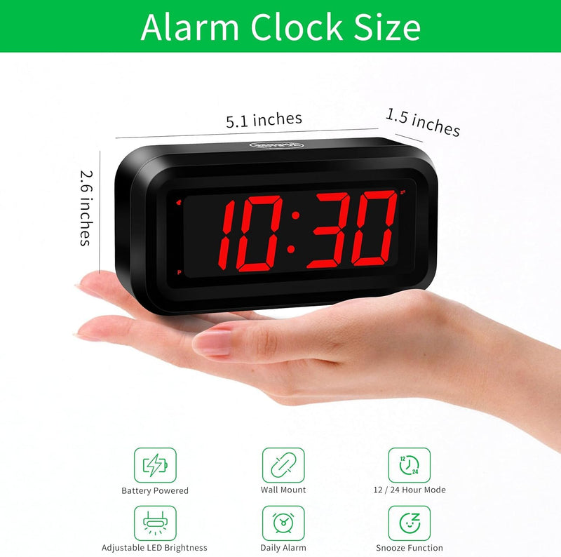 Alarm Clock, LED Digital Clock, Small Wall Clock, Battery Operated, Adjustable 3-Level Led Brightness, Dim Night Mode, 12/24Hr, Cordless, Constantly 1.2'' Digits Display for Bedroom/Travel,Easy to Set Black Case-red Led