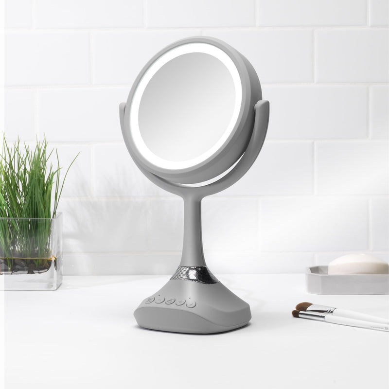 Homewerks 76-101-BT 7.5-inch Personal Makeup Mirror with Bluetooth Speakers and LED Lighting, Handheld Bluetooth Vanity Mirror with Lights for Bathrooms, Bedrooms, or Dorm Room Essentials