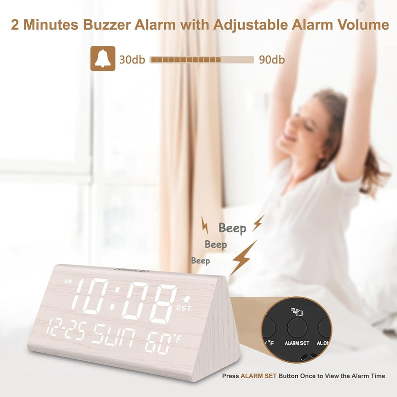 JALL Digital Alarm Clock, with Wooden Electronic LED Time Display, 3 Alarm Settings, Weekday/Weekend Mode, Temperature Detect, Wood Made Electric Clocks for Office, Bedroom, Bedside White-date