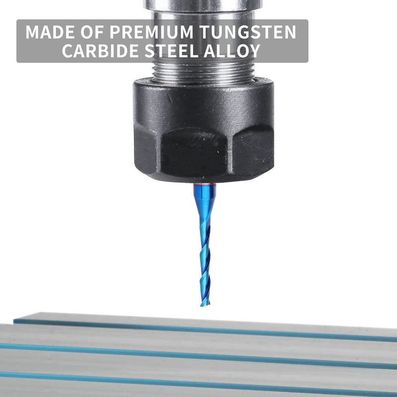 Upcut Spiral Router Bit 1/4 inch Shank, 1/8 inch Cutting Diameter, Extra Long 3 inch Solid Carbide with Nano Blue Coating CNC Router Bits End Mill for Wood Cut, Carving 3" OVL - Up Cut
