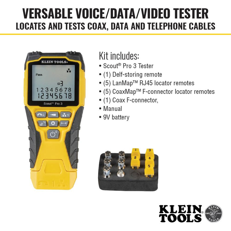 KLEIN TOOLS VDV501-851 Cable Tester Kit with Scout Pro 3 for Ethernet / Data, Coax / Video and Phone Cables, 5 Locator Remotes Starter Kit