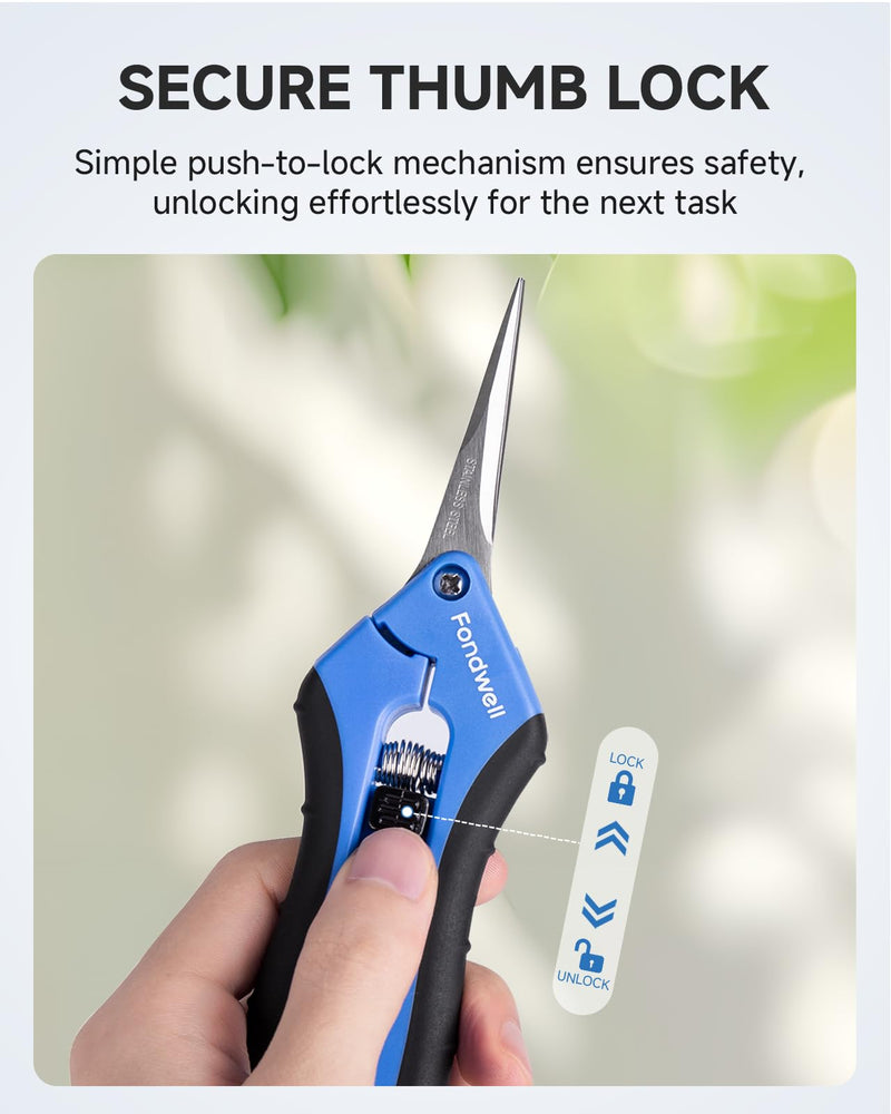 Fondwell 6.5" Pruning Shears Trimming Scissors: Small Garden Snips with Micro Tip - Plant Clippers of High Cutting Efficiency Straight & Curved