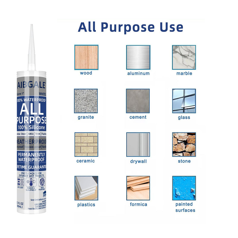 4 Pack of White Silicone Sealant Waterproof, All-Purpose 100% Silicone Caulk, Adhesive Caulking Sealant Tool for Indoor & Outdoor Windows, Aquarium, Bathtub Auto Leak Seal, 10.1 oz Cartridge (4) 4