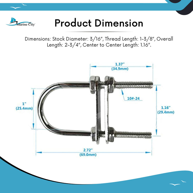 Marine City Bow Eye U-Bolt – 304 Stainless Steel, 3/16” Stock, 2-3/4” Length – Heavy-Duty Corrosion-Resistant Deck Hardware for Boats & Marine Use (Pack of 1)