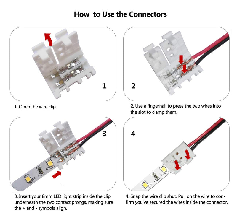 2-Pin 8mm LED Connectors Solderless Unwired Clips - DIY Strip to Wire Quick Connection for 12v 24v Single Color SMD 3528 2835 Tape Lights (Pack of 10)