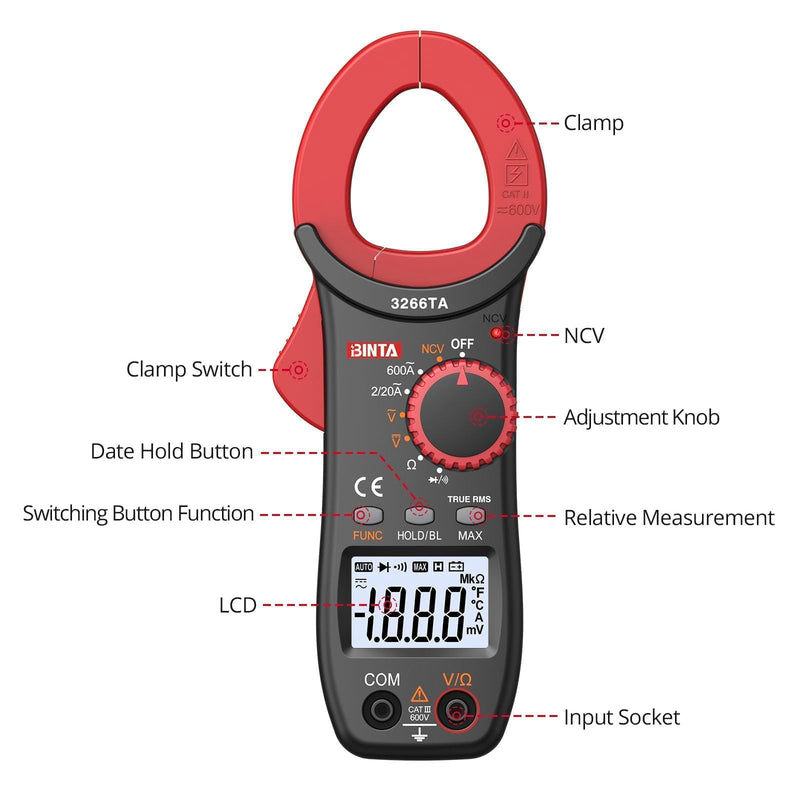 BINTA Digital Clamp Meter, 2000 Counts 600A AC Multimeter with NCV, TRMS Auto Range, 600V AC/DC Amp Voltage Tester with Ohm Measures, Capacitance Resistance Diodes, Non-Contact Voltage Detection