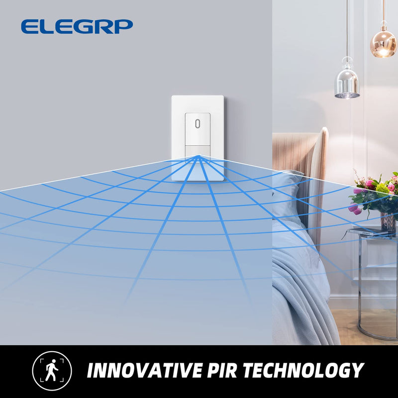 ELEGRP Single Pole Occupancy Motion Sensor Light Switch, PIR Infrared Motion Activated Switch, Need Grounding Wire, No Neutral Wire, for CFL/LED/Incandescent, with Plate, UL(2 Pack, Matte White) 2 Pack