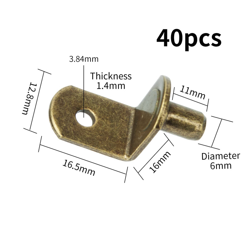 40pcs Shelf Support Pegs Bronze, L-Shaped Metal Cabinet Shelf Clips with Hole 6mm(1/4 Inch), Cabinet Closet Shelf Pins for Kitchen Bookcase Shelf Furniture Support (Bronze)