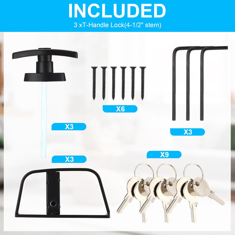 3 Pack Shed Door Latch T-Handle Lock Kit with 9 Keys 4-1/2" Stem Storage Barn Shed Door Hardware Lock Set for Gate, Playhouses, Garage and More, Black