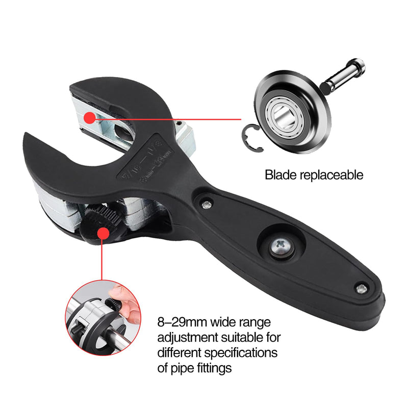 Ratchet pipe cutter 5/16"-1-1/8"| Compact 2-in-1 pipe cutter for narrow Spaces |PVC/Cu/plastic pipe cutter, equipped with ComfortGrip gloves + Pro deburring blade