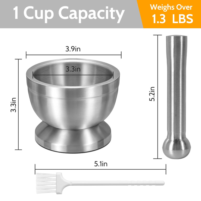 Mortar and Pestle, Sopito 18/8 Stainless Steel Spice Grinder Pill Crusher with Lid for Crushing Grinding Ergonomic Design with Anti Slip Base and Comfy Grip