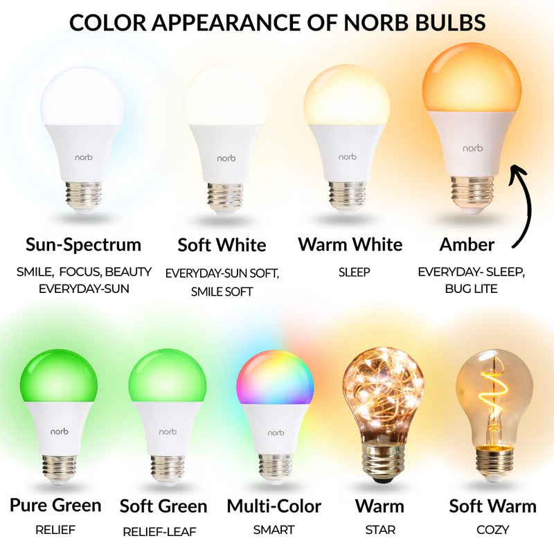 Norb Everyday Sleep Light Bulb - No Blue, Amber LED, 2000K Nighttime Lighting for Bedroom, Dimmable A19 Bulb Promotes Natural Melatonin & Circadian Rhythm for Babies, Kids, Adults, 6W (2-Pack)