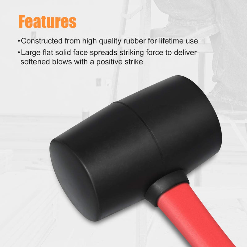 Fiberglass Handle Rubber Mallet Hammer Set, 8 OZ and 16 OZ, Soft Blow Tasks without Damage, Black with Red, 2 Packs