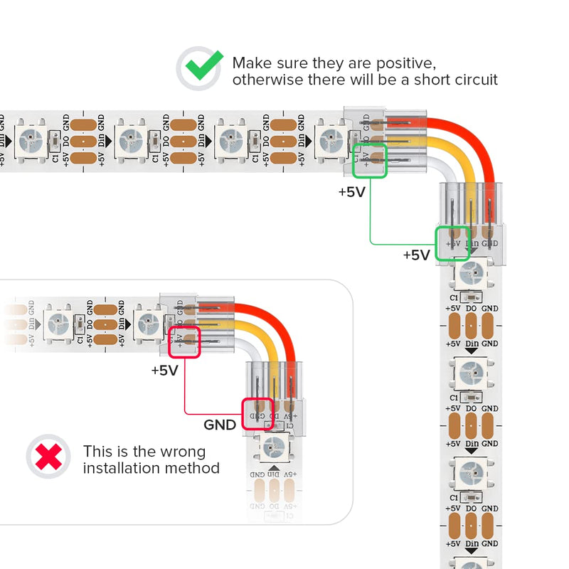 BTF-LIGHTING 3 Pin 10mm 0.39in Width Transparent Connector Kit,4xGapless Solderless 8PCS Corner Connectors,4PCS 5.9in Long 22AWG Extension Wires,Support WS2812B WS2811 SK6812 SMD LED Strips Multi Function Connector