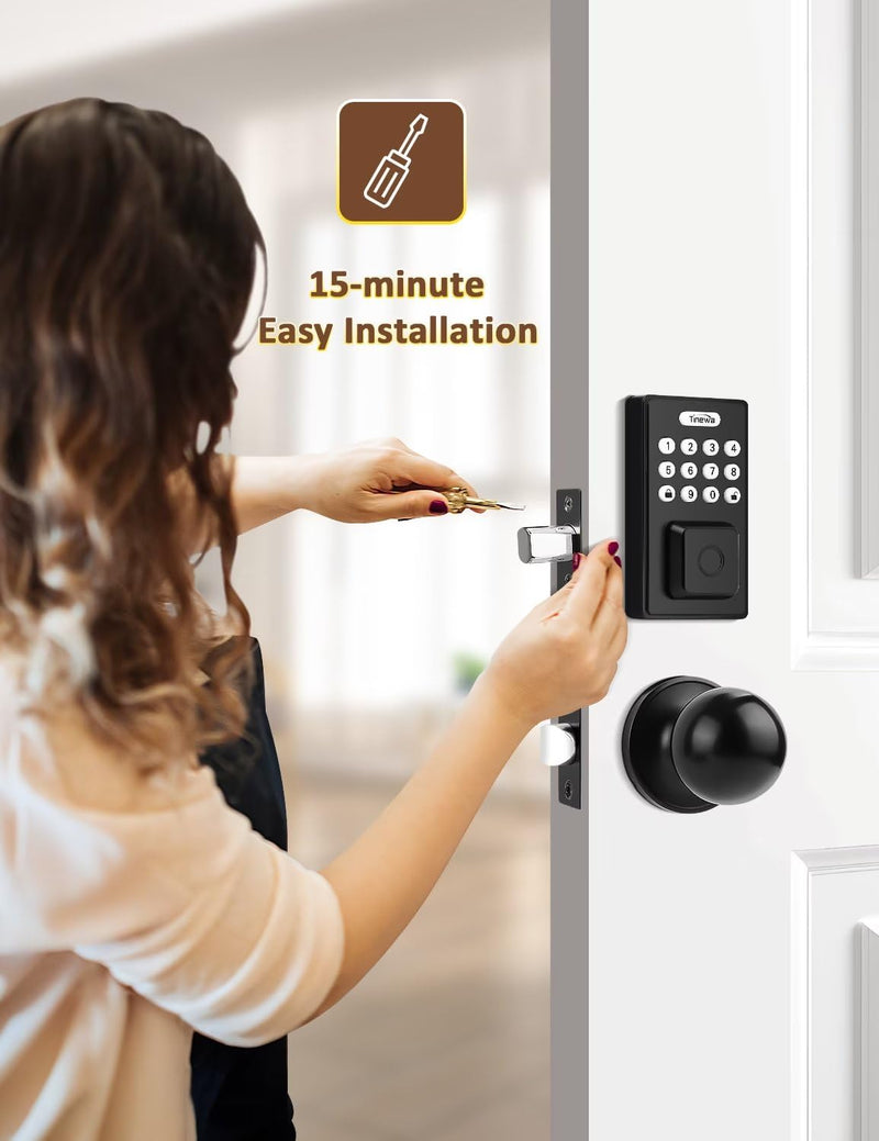 Keyless Entry Door Lock with Door Knobs, Fingerprint Entry Door Handleset, Electronic Digital Keypad Deadbolt with App, Auto Lock & One Touch Locking, Front Smart Door Handle Sets, Black Jet black