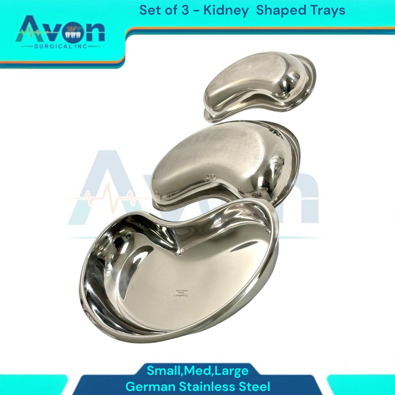 Set of 3 - Kidney Trays Small, Medium, Large - Kidney Shaped Emesis Basin, Dental Lab Instrument Trays, Reusable Metal Kidney Dish, for Soiled Dressings, Instruments, Supplies