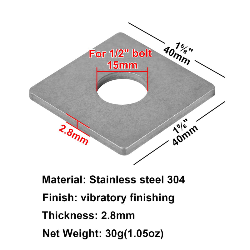 20 Pcs Square Plate Washers, 1/2"(ID) x 1-5/8" x 1-5/8", Flat Washer Fastener, Stainless Steel, 2.8mm Thick