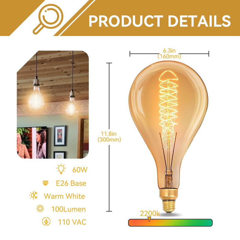 Jslinter Oversized Incandescent Light Bulb 60 Watt, PS52/PS160 Edison Bulb | 2700K warm amber, Dimmable for ambiance, E26 medium base fits standard sockets, 100LM suitable for living room café decor