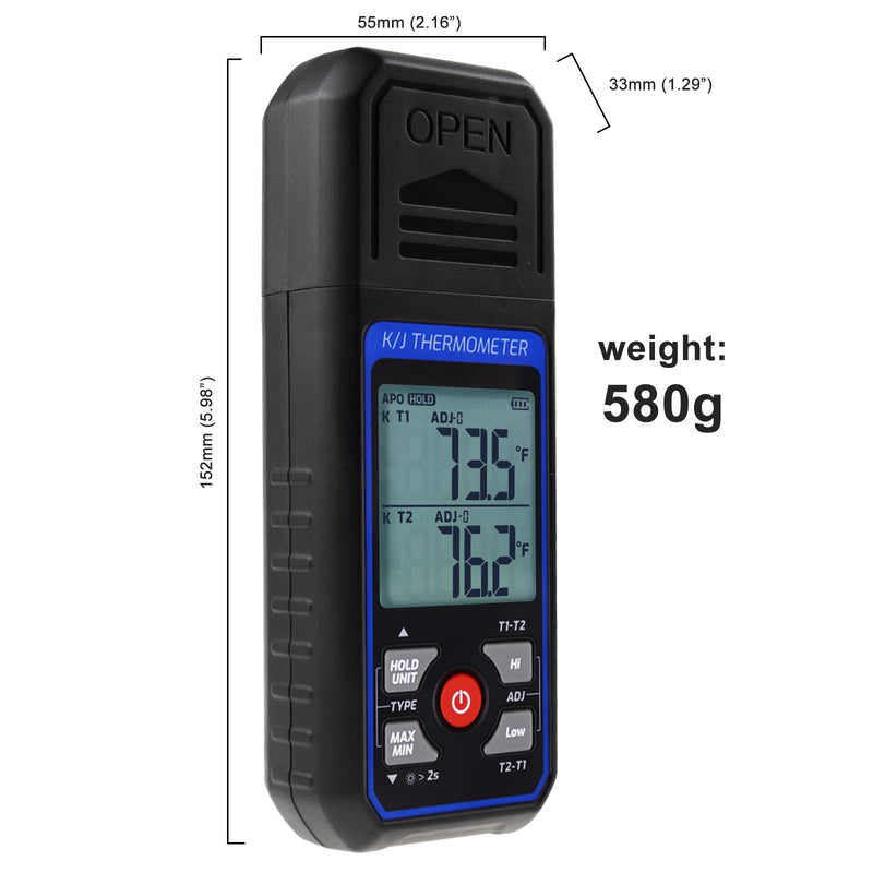 Thermocouple Thermometer Digital Dual Channels K/J Type Thermometer with 4 K-Type Thermocouples, -328~2501℉ Measuring Range Temperature Meter HVAC Thermometer with Alarm & ADJ Compensation Digital 2 Channels Thermometer