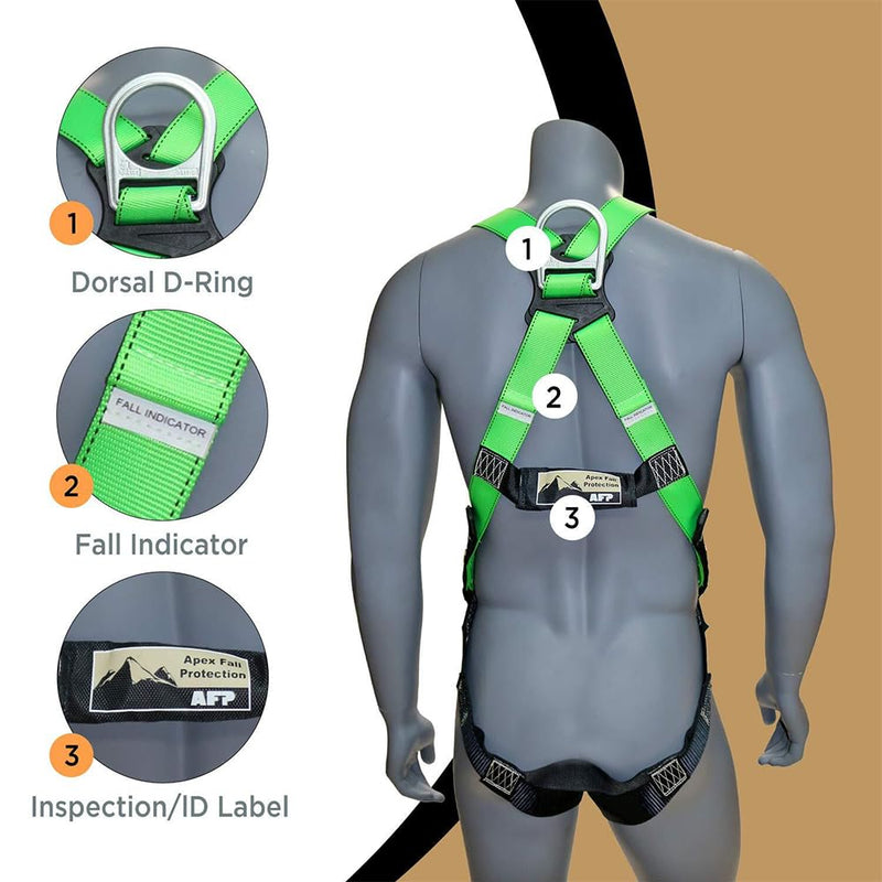 AFP Universal Full-Body Safety Harness w/Dorsal D-Ring Tongue Buckle Legs High-Viz Green, Shock Absorbing Lanyard (OSHA/ANSI) 1 Pack Harness + Single Leg Lanyard W/ Snap Hooks - NewNest Australia