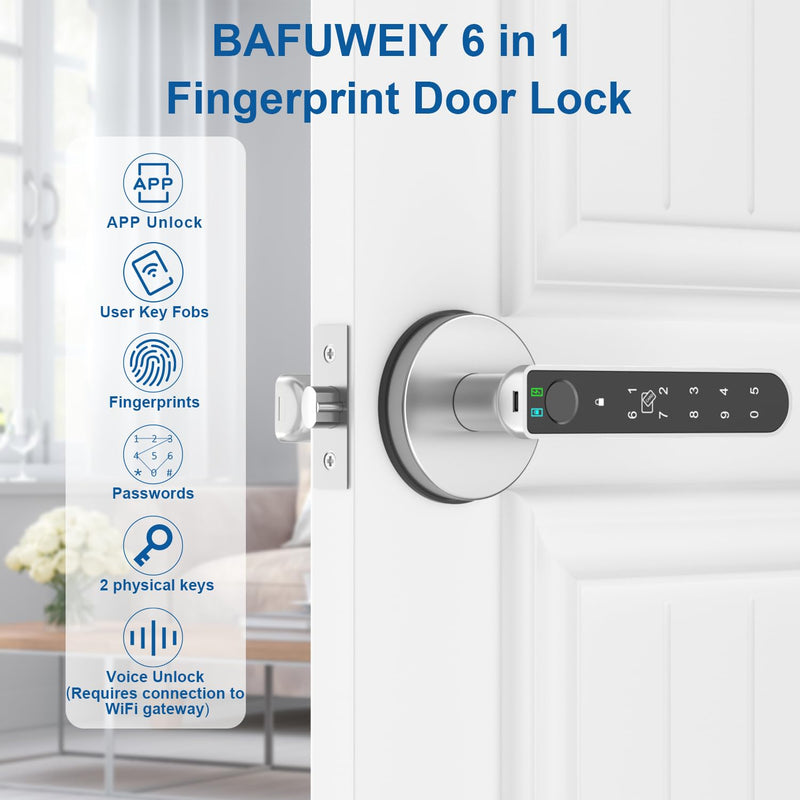 Fingerprint Door Lock, Finger Print Door Knobs Thumbprint Door Knob with App Control/Fingerprints/IC Cards/Codes/Keys, Smart Lock for Bedroom Home Apartment