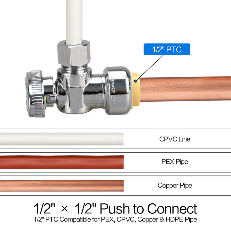1/2/5/10/20pcs Stop Valves, 1/2" × 3/8" Angle Stop Valve, 1/2" PTC Input, 3/8" OD Compression Output, Push to Connect, 1/4 Turn, Chrome Plated Brass for Faucet, Toilet Valves, No Lead (2pcs Angle) 2×Angle