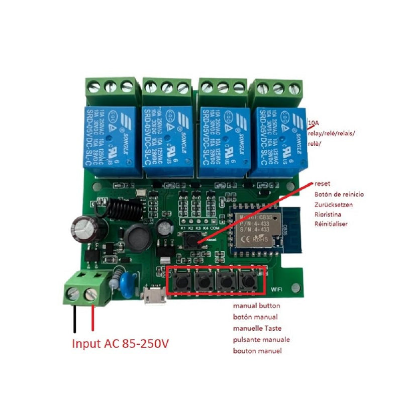 4 Channel USB 5V AC 85-250V Smart WiFi Wireless Dry Contact Relay Switch Module,Tuya Smart Life app Remote Control,Compatible with Alexa Google Home