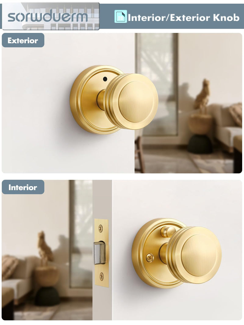 1 Pack Gold Door Knob Privacy Door Knobs Satin Brass Door Handle Interior Brushed Gold Door Knobs with Lock for Bedroom and Bathroom Zinc Alloy 1