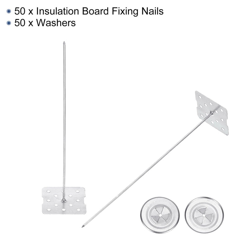 PATIKIL 150mm Perforated Insulation Pins with Round Washer,50 Sets 2in Insulating Nails Wall Plug for Fixing Foam Boards to Wall or Ceiling