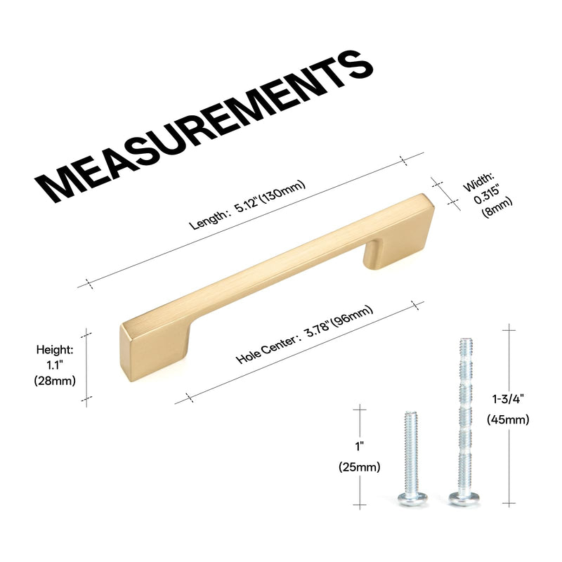 Liron Hardware 10 Pack Classic Cupboard Modern Cabinet Handles 3.78 Inch (96mm) Kitchen Furniture Drawers Pulls Pulls Brushed Brass 3.78 Inches (96mm) Hole Center