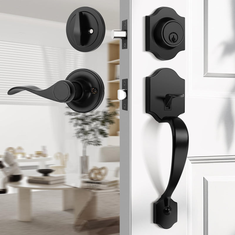 Probrico Black Heavy Duty Front Entry Handleset,Entry Door Locksets with Deadbolt Single Cylinder,Passage Lock Grip Handle with Wave Lever and Deadbolt Set,1 Set 1