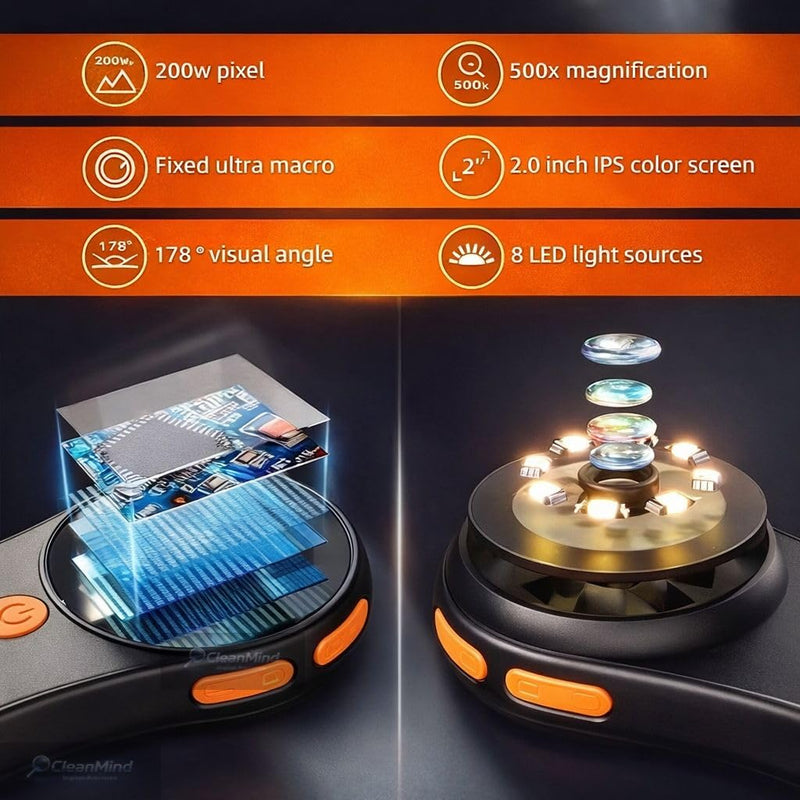 Digital Microscope 500x with 2.0" IPS Screen, Magnifying Glass, Coin Microscope, Trichome Microscope, USB Connection, Ideal for Electronics, Jewelry, Coin Collectors and Kids