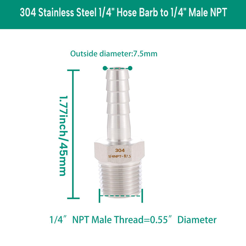 304 Stainless Steel 1/4" Hose Barb to 1/4" Male NPT Home Brew Fitting Water Fuel Air，lead-free (Pack of 4)…