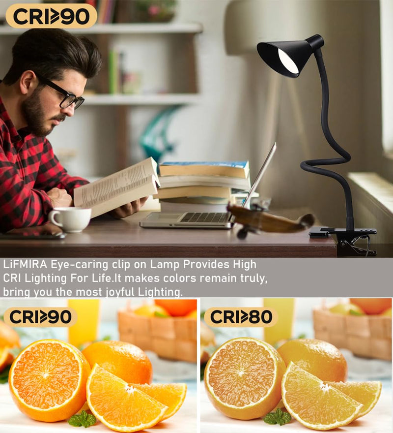 Clip on Light USB Reading Light 3 Color Modes 10 Brightness Levels Eye Care Clamp Light Flexible Gooseneck Dimmable Reading Lamp Clip on Lamp for Bed Headboard Desk Bedside Dorm (Black) Black