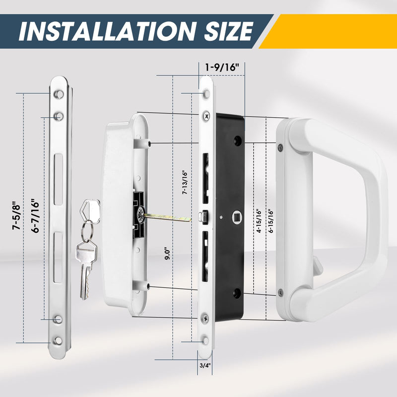 Patio Sliding Door Handle Set with Mortise Lock，Fits Sliding Glass Door Thicknesse is 1-1/2'' to 2'' and 4-15/16'' Screw Hole Spacing, with Door Keeper and 2 Keys （White）